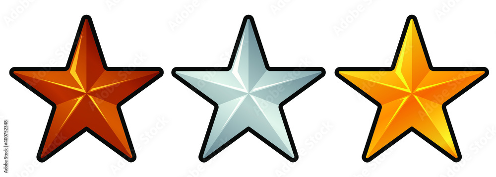 Bronze, silver and golden star icons. Symbols for showing rank or rating of sports participant, player or military service. Shiny metal set of three objects. For decoration and award for competition. Bronze, silver and golden star icons. Symbols for showing rank or rating of sports participant, player or military service. Shiny metal set of three objects. For decoration and award for competition.