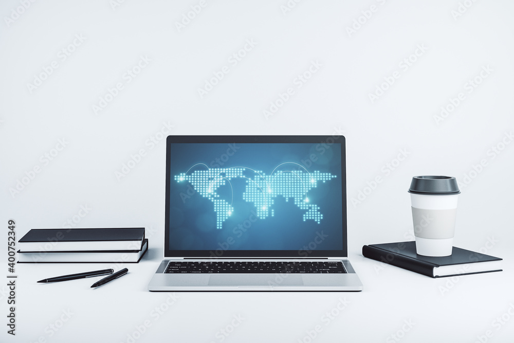 Abstract creative world map with connections on modern laptop screen, international trading concept. 3D Rendering Abstract creative world map with connections on modern laptop screen, international trading concept. 3D Rendering