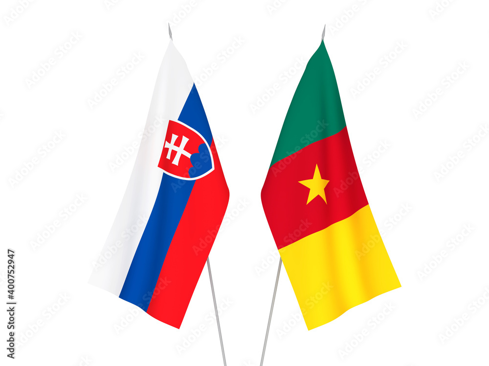 National fabric flags of Cameroon and Slovakia isolated on white background. 3d rendering illustration.