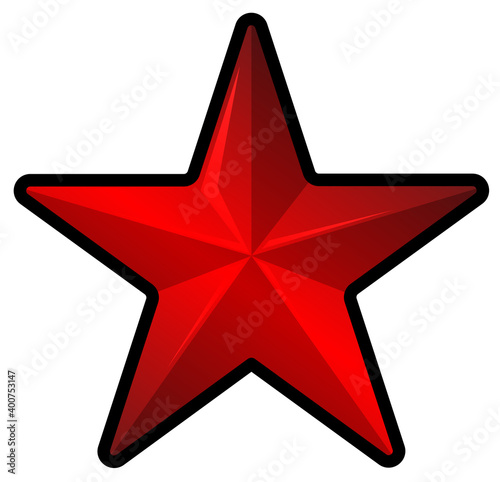Red star logo isolated on white background. Cartoon illustration of shiny star shaped object. Festive decoration, sports reward or communism symbol. Simple form logotype for company in ruby color.