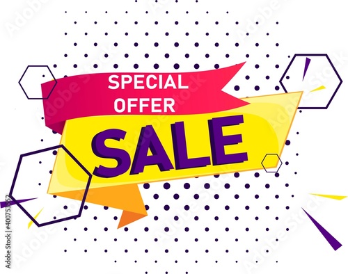 Vector banner. Mega Sale, -50% Off, Limited Special Offer. Super, mega deal. Template, modern label for promotion. Advertising message, favorable price.
