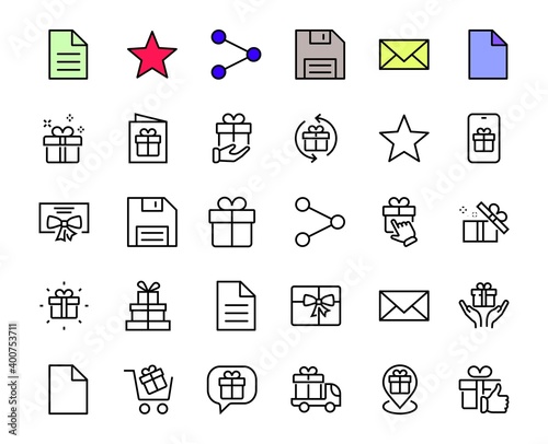 Gifts Linear Icons Set contains Gift Box, Gift Buying, Gift Delivery, Gift Geolocation mobile application, Gift notification, SMS. Editable Barcode, Vectar Icons