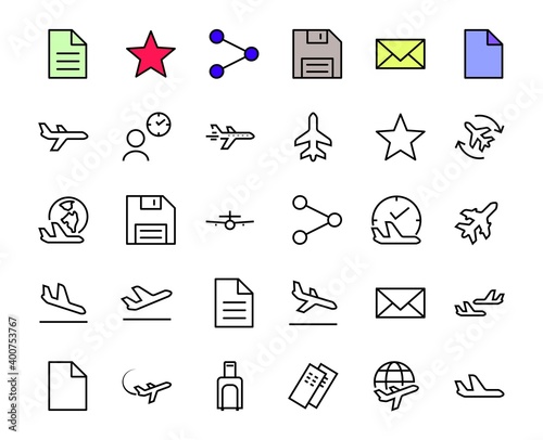 A simple set of airport related vector line icons. Contains badges such as departure, boarding, waiting time, boarding, find a place to travel tickets, and much more. Editable stroke. 48x48 pixels