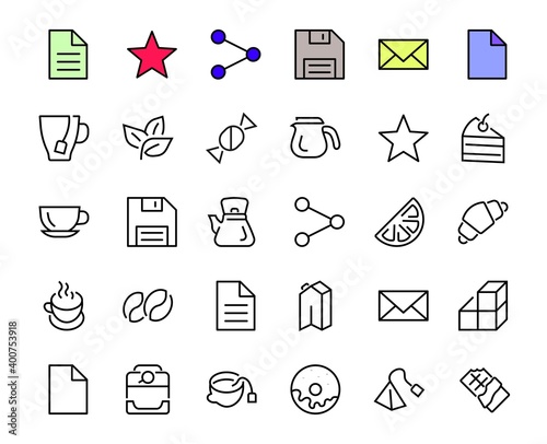 COFFEE and TEA LINEAR ICONS SET, contains Icons of tea, tea bag, Coffee machine, cake, sugar, teapot, cup, milk, cream, Lemon, chocolate bar, LINEAR ICONS Editable stroke
