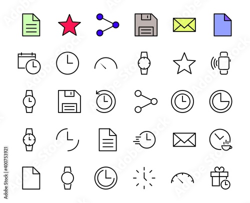 Simple set of time icon color editable template. Contains icons such as time check, speedometer calendar and other vector signs isolated on a white background for graphic and web design. 48x48 pixels