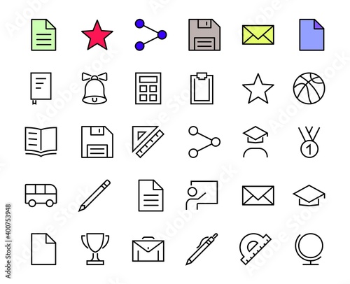 A simple set of school items. Contains icons such as student, award, geography, physical education, geometry and more. On white background. Editable stroke. 480x480