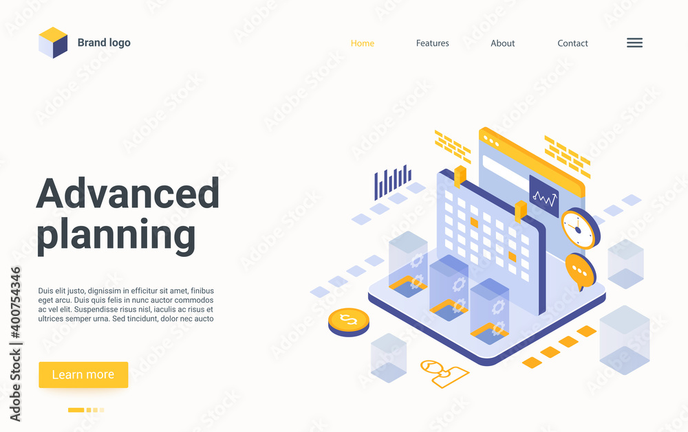 Advanced planning isometric landing page vector template. Time management website design layout. Automated scheduling web page 3d concept. Workflow organization and optimization webpage interface