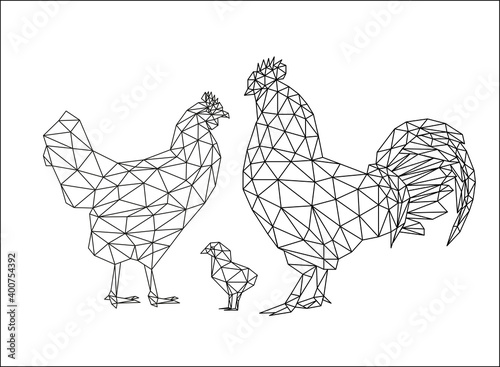 Isolated chicken family in low polygonal style on white background. Rooster, chicken and chick. Polygonal design for logo, for printing on clothing or poster. Vector illustration.