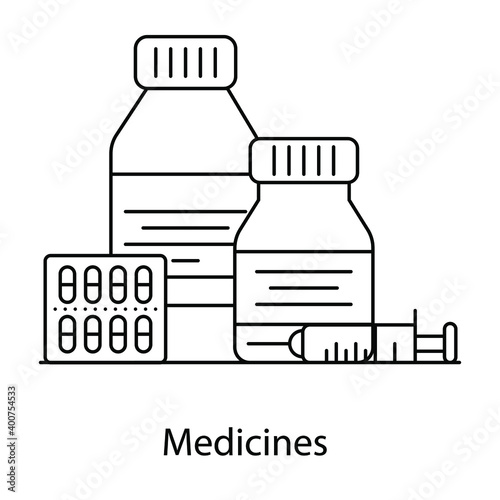 
Drug bottles with tablets, medicines flat outline icon
