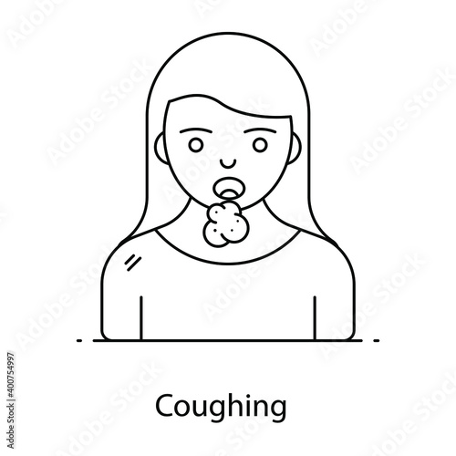 
Sick lady with flu coughing, flat outline concept icon
