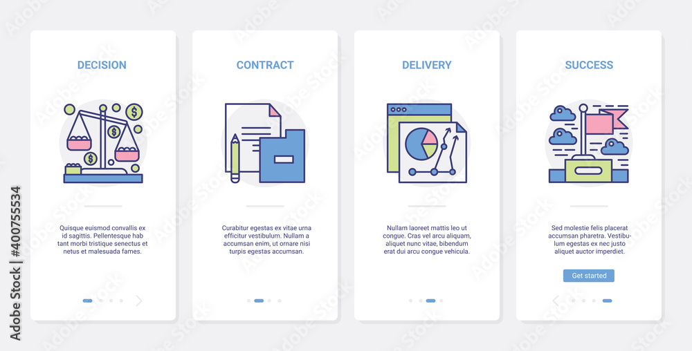 Final decision, business success contract vector illustration. UX, UI onboarding mobile app page screen set with line successful signing document contract, delivery, decision making scales symbols