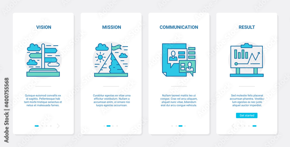 Business vision of result, mission and leadership strategy vector illustration. UX, UI onboarding mobile app page screen set with line leader achievements, choosing right way of financial innovation
