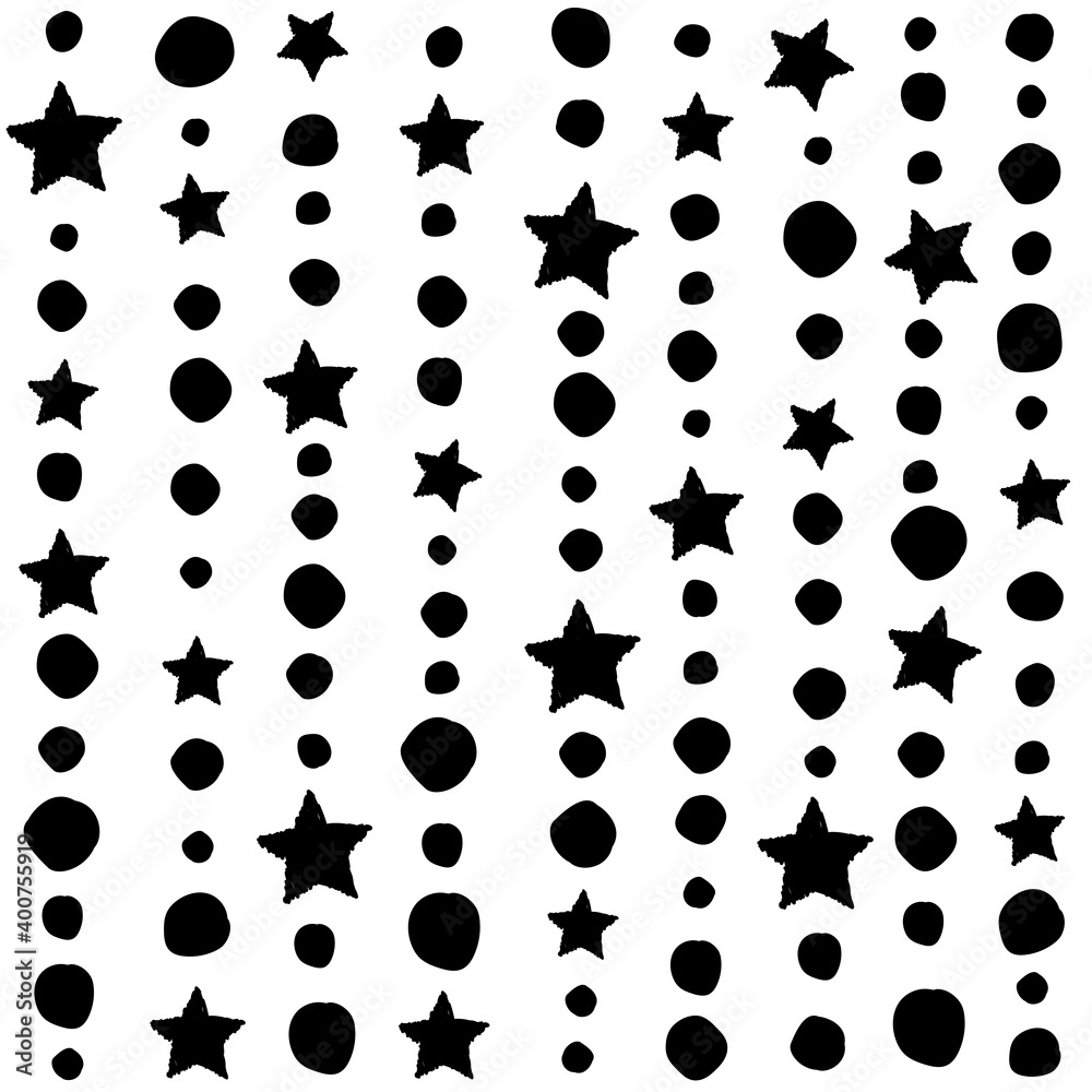 Fototapeta premium Seamless background with black dots and stars on white background.