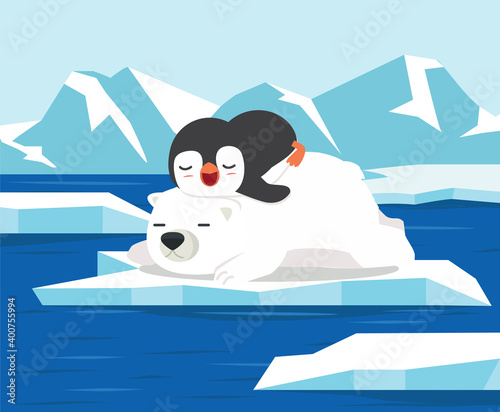 polar bear with little penguin sleep on ice floe