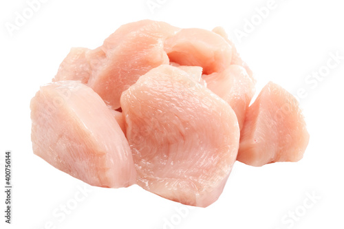 Fresh raw sliced chicken breast fillet isolated closeup on white background, clipping path