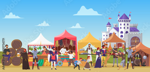 Medieval fair vector illustration. Cartoon flat middle ages or fairy tale fair market with lady and sir characters standing in costumes of feudal lords, jester dancing, priest drinking beer background