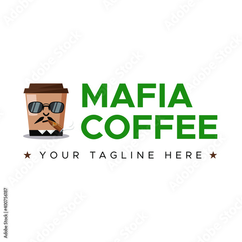Boss Mafia Coffee Cup Shop Logo Template Green Brown Black Beard Moustache Face