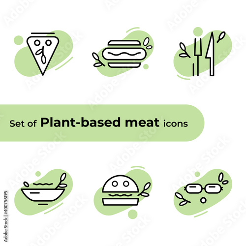 Linear stile flat illustration. Set of Vector icons. Concept of plant based meat. With concern for the planet and love for animals.