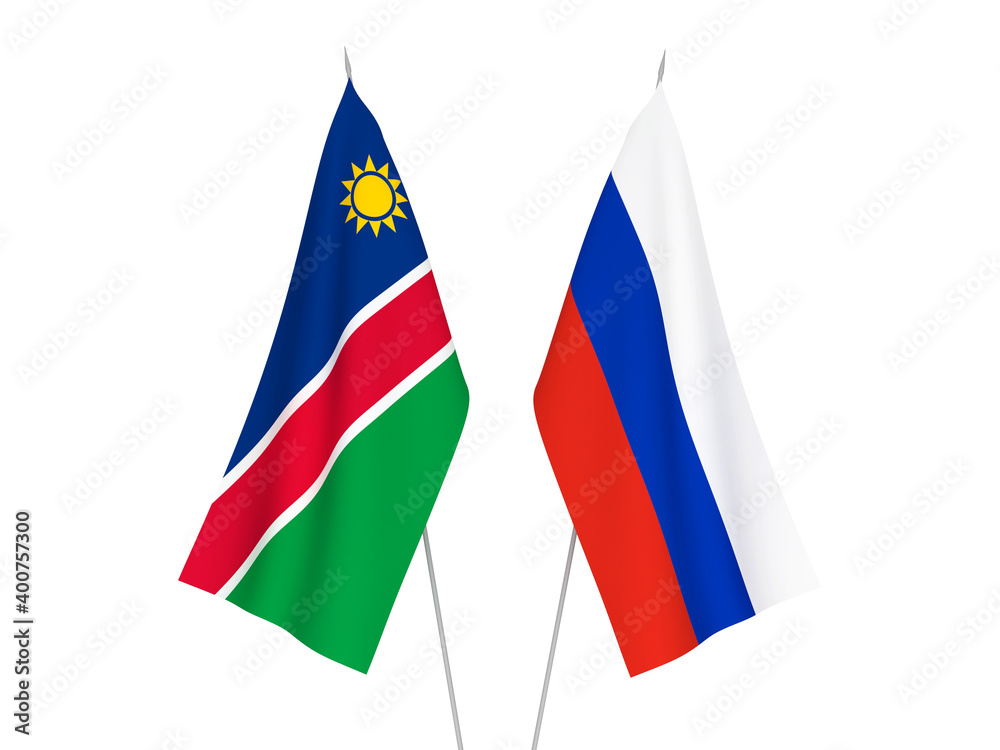 National fabric flags of Russia and Republic of Namibia isolated on white background. 3d rendering illustration.