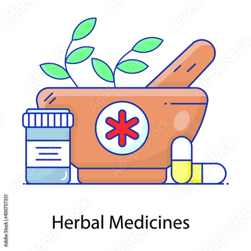 
Herbal medicines inside mortar and pestle, flat outline vector
