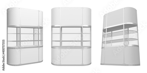 Trade show booth. 3D rendering of a rack with glass shelves isolated on white background. Mockup for your expo design. photo