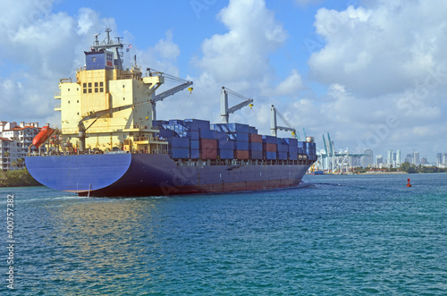 Container ship approaching Port of Miami, Miami,Florida