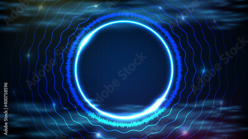 abstract futuristic background of blue neon circle round frame with sound equalizer wave DJ music