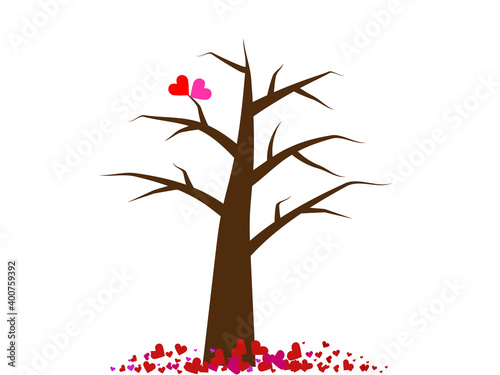 Tree with pink and red falling heart on white background. Love and Valentine 's day concept.