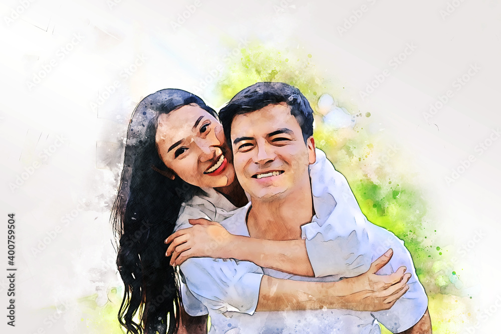 Abstract colorful happiness young couple family relaxation in holiday weekend at home on watercolor illustration painting background.