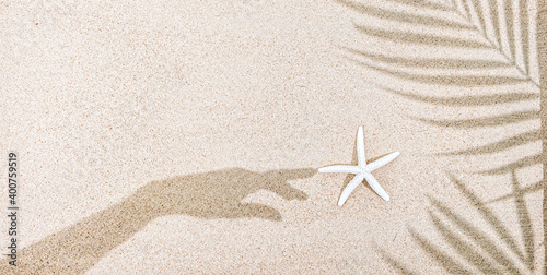 Shadow of female hand and palm tree leaves, starfish on sand, top view, copy space