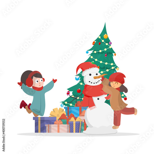 Children sculpting a snowman on the background of a Christmas tree and gifts. Snowman  girl in warm winter clothes. Isolated on white background. Cartoon  vector