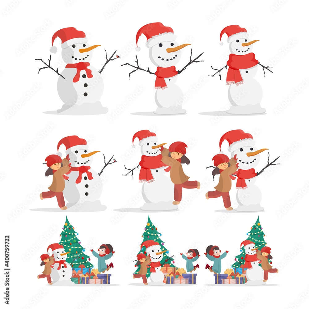 Set with snowmen. Children make a snowman. For the design of cards, banners and books. Cartoon, vector illustration.