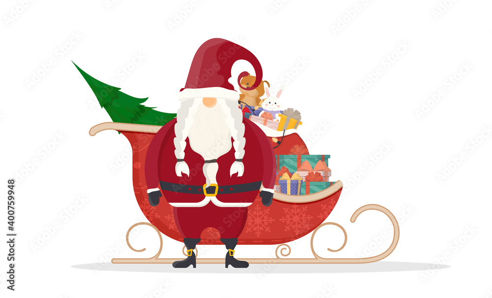 Fototapeta premium Santa claus with red sleds. Sleds, gifts, new year and christmas concept. Vector illustration isolated on white background. Cartoon style design.