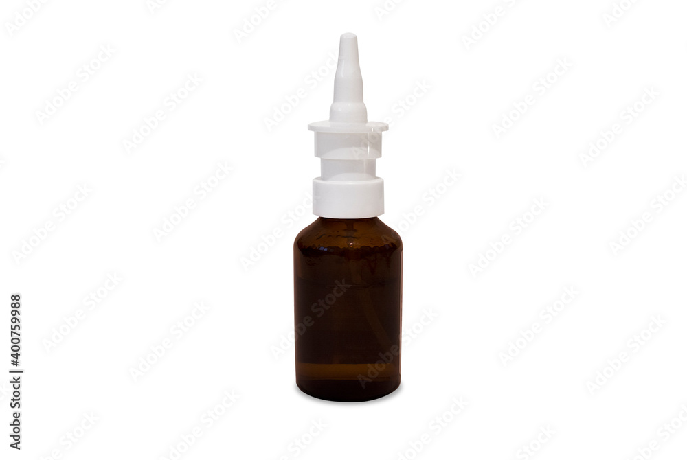 Fototapeta premium Bottle with nose drops on a white background close-up. Nasal spray.