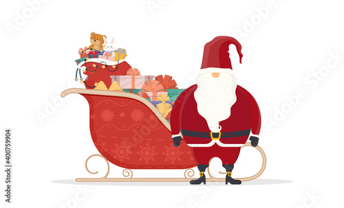 Santa claus with red sleds. Sleds, gifts, new year and christmas concept. Vector illustration isolated on white background. Cartoon style design.
