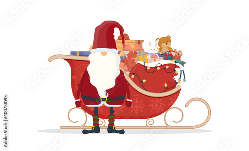 Santa claus with red sleds. Sleds, gifts, new year and christmas concept. Vector illustration isolated on white background. Cartoon style design.