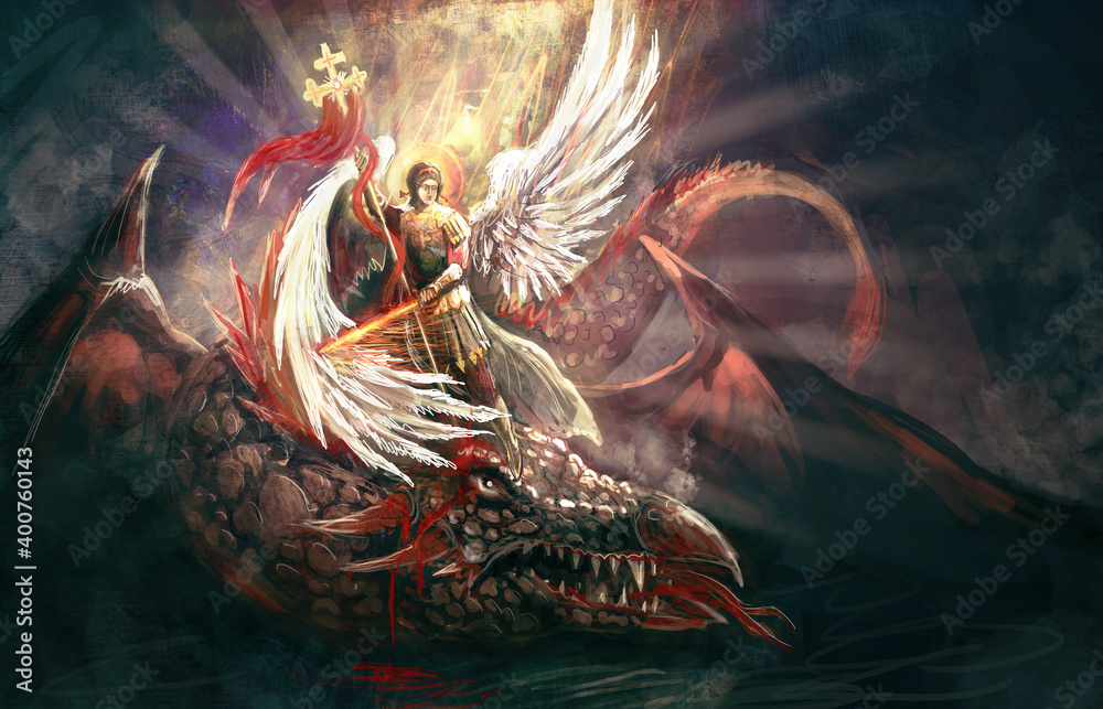 Photo & Art Print Saint Archangel Michael killing dragon, vukkostic
