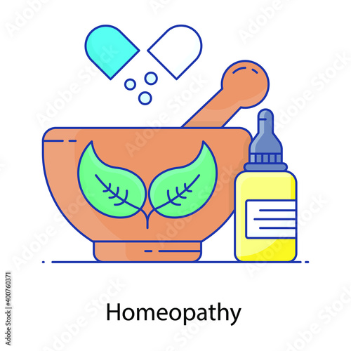 
Herbal medicines inside mortar and pestle, flat outline vector of homeopathy
