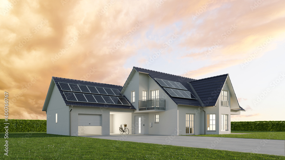 Einfamilienhaus mit Garage als Neubau abends Einfamilienhaus mit Garage als Neubau abends