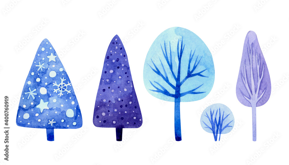 Set with winter watercolor trees and Christmas trees. For stickers, greeting cards and other designs. Set with winter watercolor trees and Christmas trees. For stickers, greeting cards and other designs.