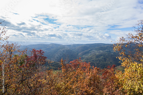 Beautiful nature mountain landscape view. The Ovcar-Kablar Gorge in western Serbia. Autumn day. Cloudy sky. © mitarart