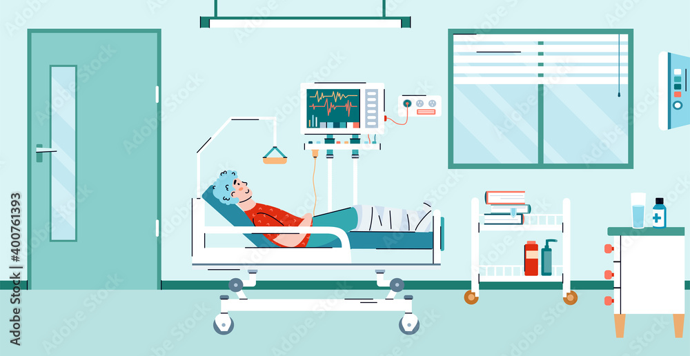 Hospitalization of male patient in modern hospital room with medical bed and equipment for intensive therapy, treatment and medical diagnostics. Vector illustration Hospitalization of male patient in modern hospital room with medical bed and equipment for intensive therapy, treatment and medical diagnostics. Vector illustration