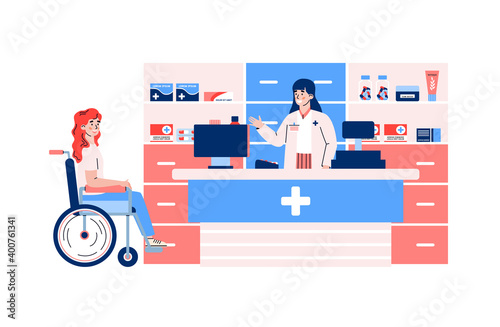 Pharmacy store with drugstore shelves full packages pills and vitamins. Female pharmacist at counter sell medical preparations woman buyer in wheelchair. Vector illustration.