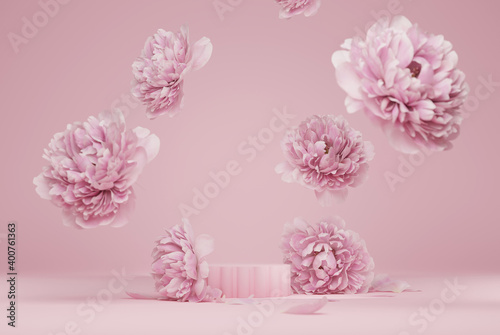 3D display podium pastel pink flower  background. Peony blossom falling down. Nature minimal pedestal for beauty, cosmetic product presentation. Valentine, feminine copy space template 3d render photo