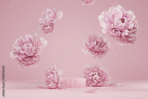 Fototapeta Naklejka Na Ścianę i Meble -  3D display podium pastel pink flower  background. Peony blossom falling down. Nature minimal pedestal for beauty, cosmetic product presentation. Valentine, feminine copy space template 3d render