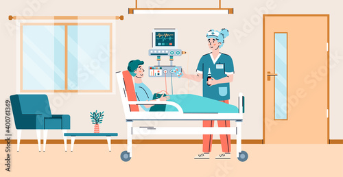 Interior of modern ward with medical equipment, a ill man patient lying on hospital bed and woman doctor giving him medication for treatment. Vector illustration.