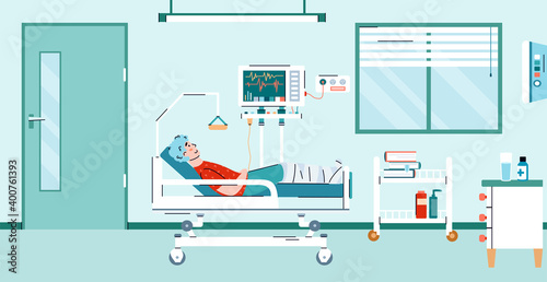 Hospitalization of male patient in modern hospital room with medical bed and equipment for intensive therapy, treatment and medical diagnostics. Vector illustration