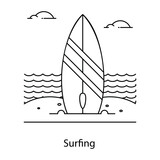 
Surfboard on beach, flat outline icon of surfing 
