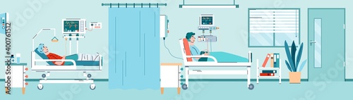 Hospitalization of sick people. Interior of clinical icu ward with medical equipment for intensive therapy. Treatment and care for ill patients in hospital bed. Vector illustration