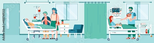 Hospital ward interior with patient and attending doctor cartoon characters, flat vector illustration. Hospital or healthcare clinic stays and treatment.